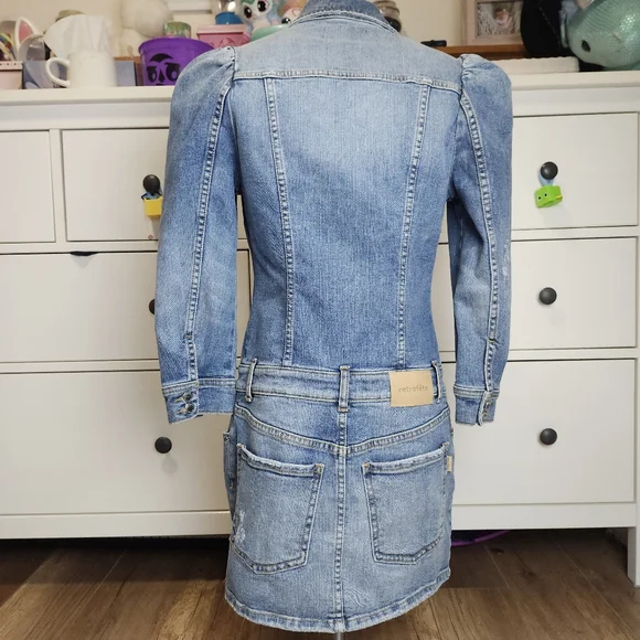 Retrofete Sibi dress Bailey distressed denim mini jean puff sleeves women's xs - Picture 6 of 17